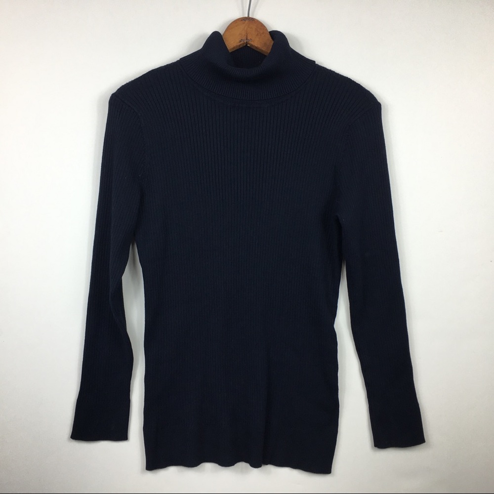 DKNY Womens L Navy Blue Ribbed Turtleneck Sweater